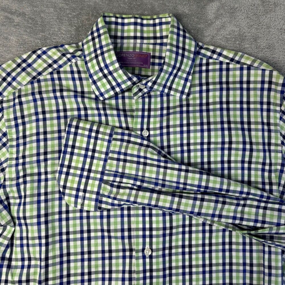 Lorenzo Uomo Shirt Mens 15 - 34/35 Green Blue Trim Fit Plaid Cotton Dress Preppy